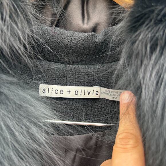 Alice + Olivia Fox Fur Mob Wife Long Wool Trench Coat Jacket Button Medium Black - Picture 9 of 13